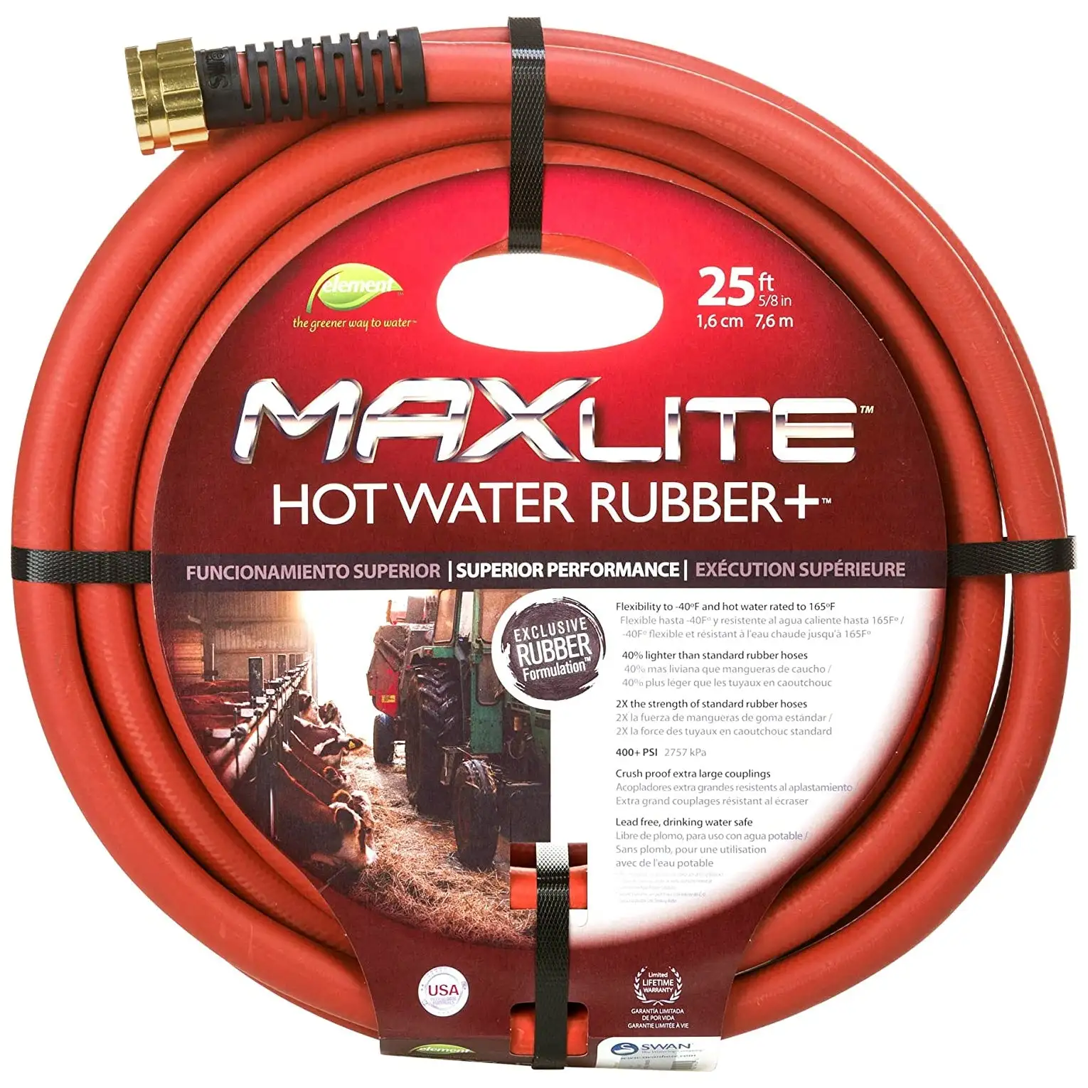 Swan SGHW58025 MAXLite Hot Water Rubber Plus Garden Hose 25 Feet Red 5/8 Inch