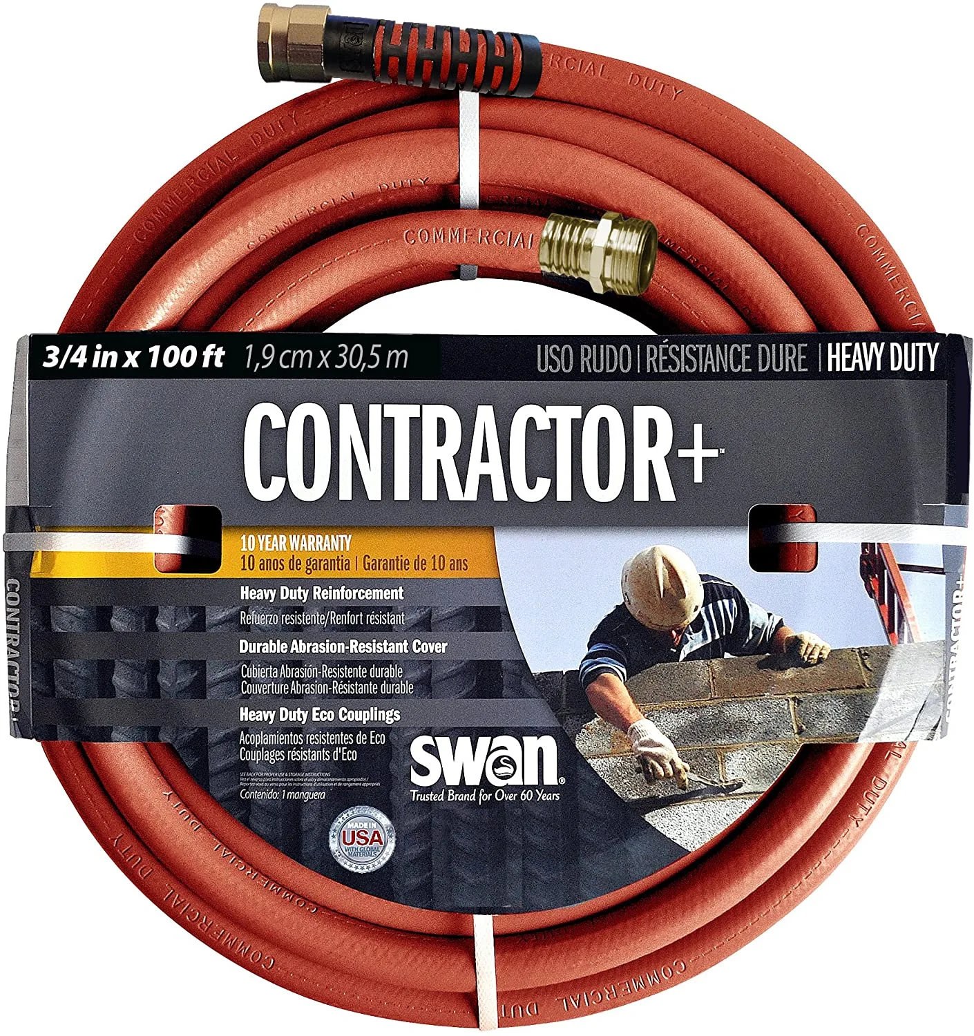 Swan SNCG34100 Contractor Plus Heavy-Duty Water Hose 100 Feet Red 3/4 Inch