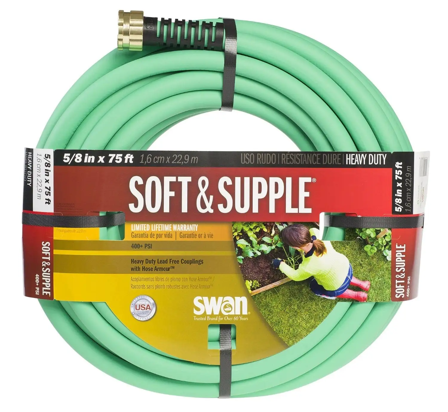 Swan SNSS58075 Soft & Supple Garden Hose 5/8 Inch x 75 Feet Green Flexible Water Hose