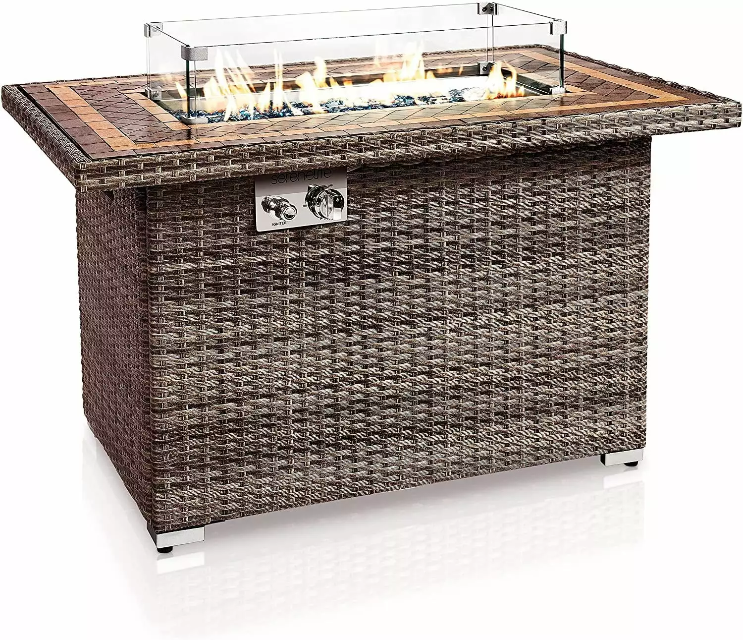 Outdoor Propane Fire Pit Table 50000 BTU Auto-Ignition Gas Fire Pit Glass Wind Guard Black Tempered Glass Tabletop