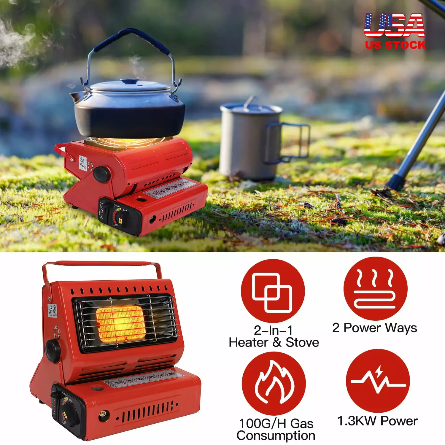 iMounTEK 2 1 Gas Heater Portable Heater and Stove 1.3kW Butane Kitchen Garage Ice Fishing