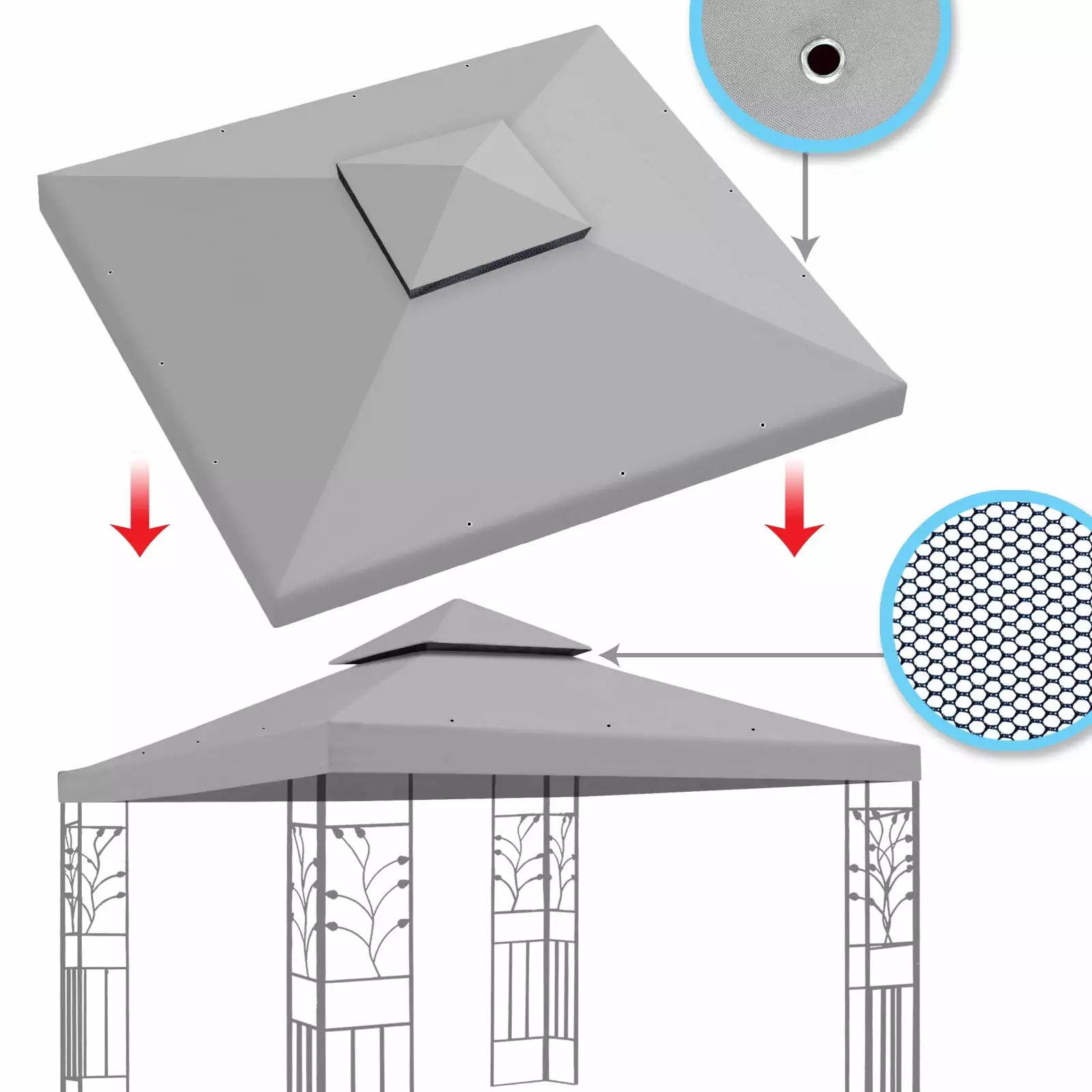 SUNNY 10x10 Gazebo Replacement Canopy Top Double Tier Cover Grey