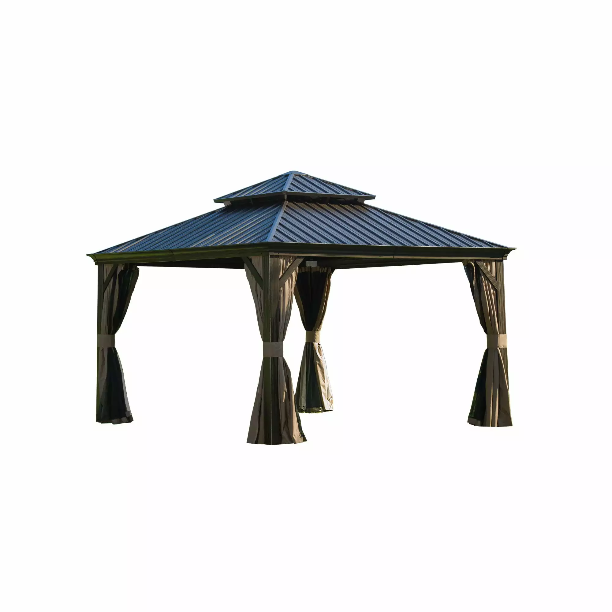 12x12 ft Hardtop Gazebo Aluminum Frame Galvanized Steel Double Roof Brown Pavilion Jamini