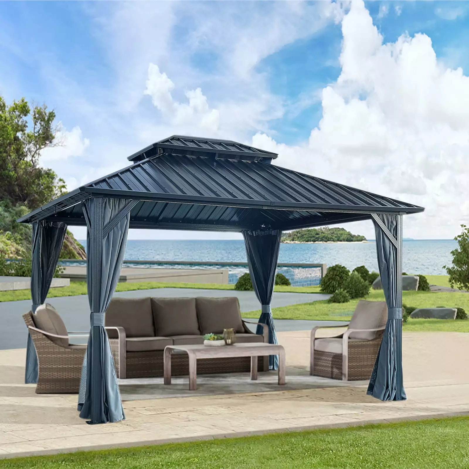 10X12Ft Gazebo Double Roof Canopy Netting and Curtains Hardtop Galvanized Frame Patio Backyard SMHZ