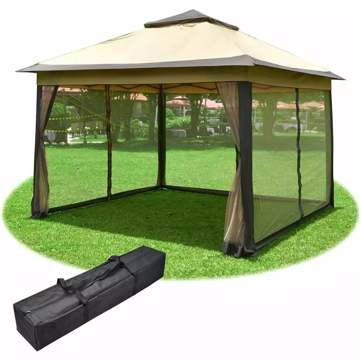 All--1 Vintage Pavilion 11x11ft Pop-Up Gazebo Tent Mesh Sidewalls Carry Bag Outdoor Use Coffee BHSF