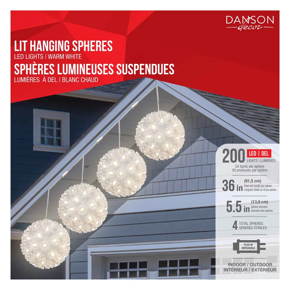 Set 4 Hanging Spheres 200 Thermal White LED Lights, 36'' x 5.5'' (91.5 cm x 13.9 cm)