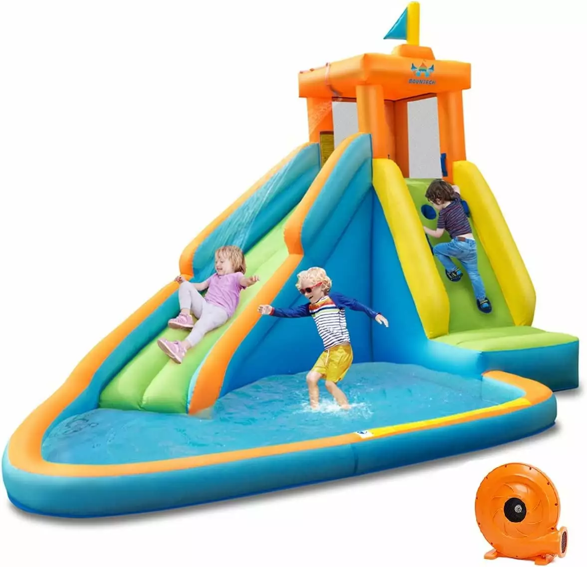 Hippo Themed Inflatable Water Slide Kids and Adults - 740W Blower Long Slide Splashing Pool Water Cannon Backyard Water Park