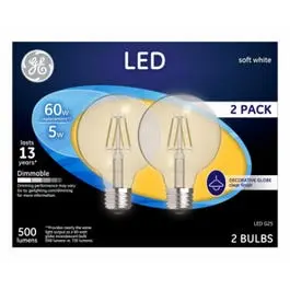 2 Pack LED Globe Light Bulbs Soft White Clear Dimmable 500 Lumens GE