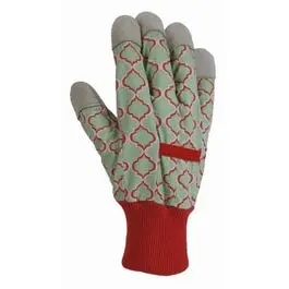 Women's Medium Garden Gloves Leather Palm and Canvas Back Coral Green Thumb