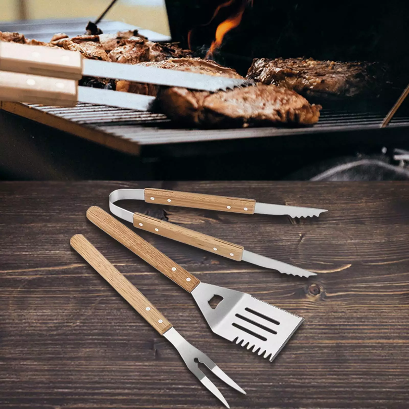 Blackstone Griddle Accessories Stainless Steel Three Piece Set Handle Grill Fork Spatula Clip winsopee