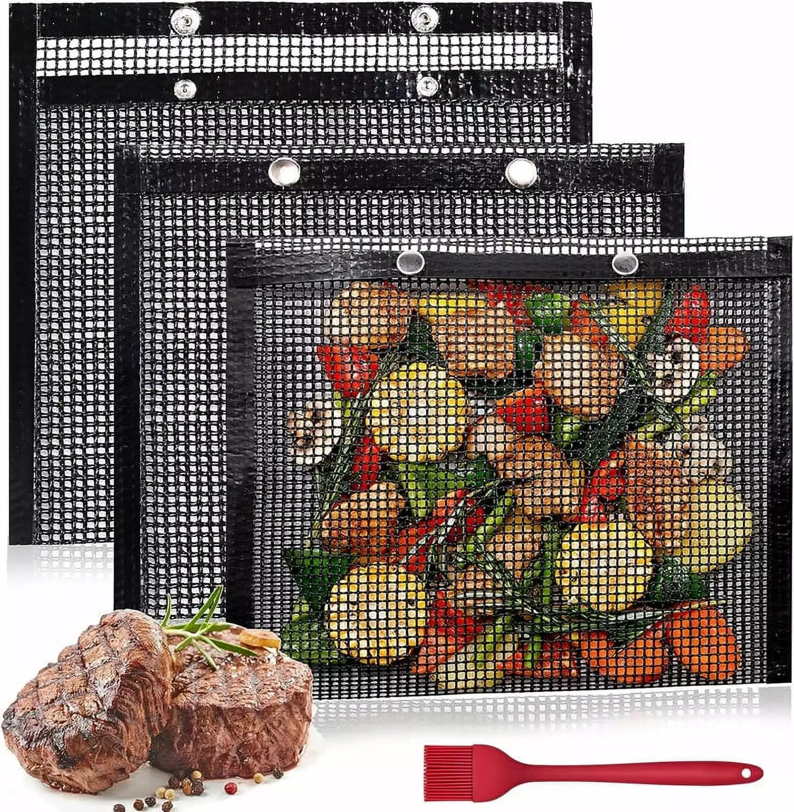 3 PCS Reusable Non-Stick BBQ Mesh Grill Bags Charcoal Gas Electric Grills Barbecue Brush