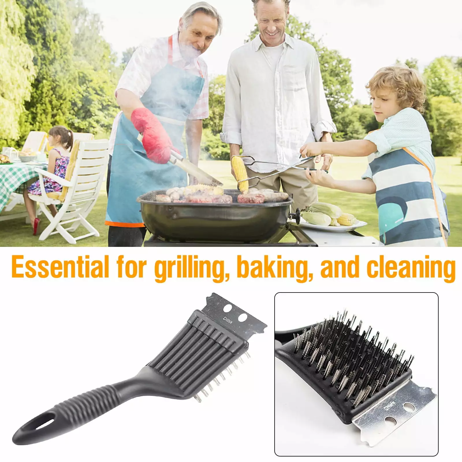 Grill Brush and Scraper Extended Large Wooden Handle and Replaceable Stainless Steel Bristles Head No Scratch BBQ Grill Br...