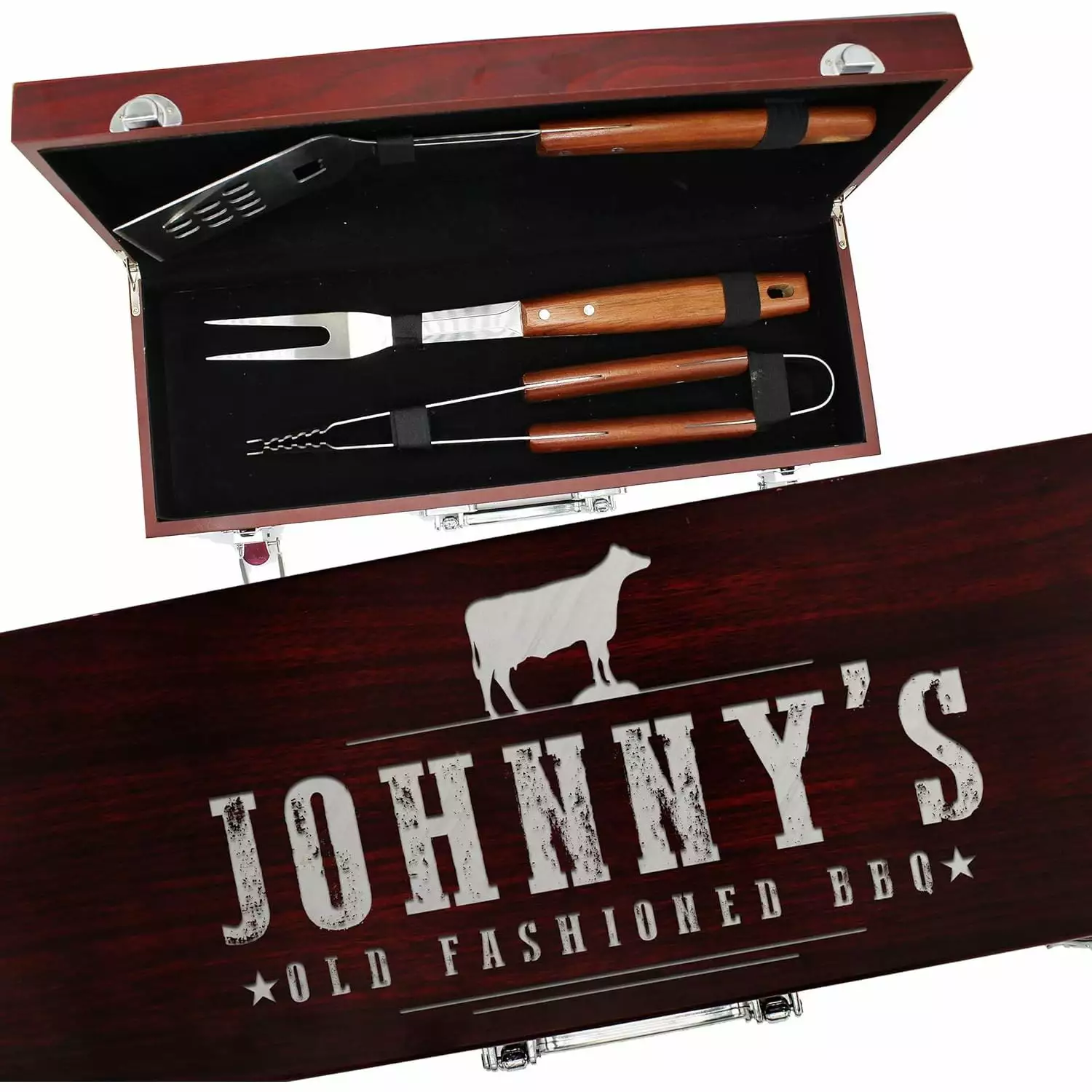 Engraved Grill BBQ Gifts Set Dad Father Him - Customized Barbecue Personalized Grilling Set Tools Silver Engraving CMS