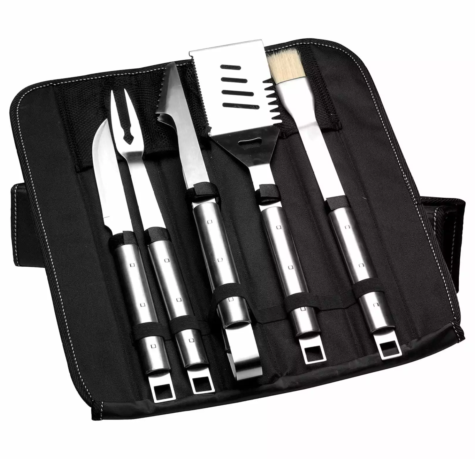 YgIRTID Stainless Steel 6pc BBQ Grill Tools Set Hanging Loop and Folding Bag