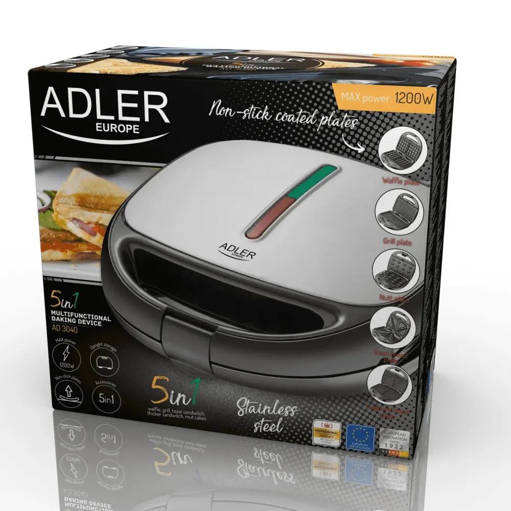 Adler AD 3040 Multi-use Waffle Sandwich Maker 1200W 5in1 Panini Oreshki Omelette Grill Exchangable Plates Non-Stick