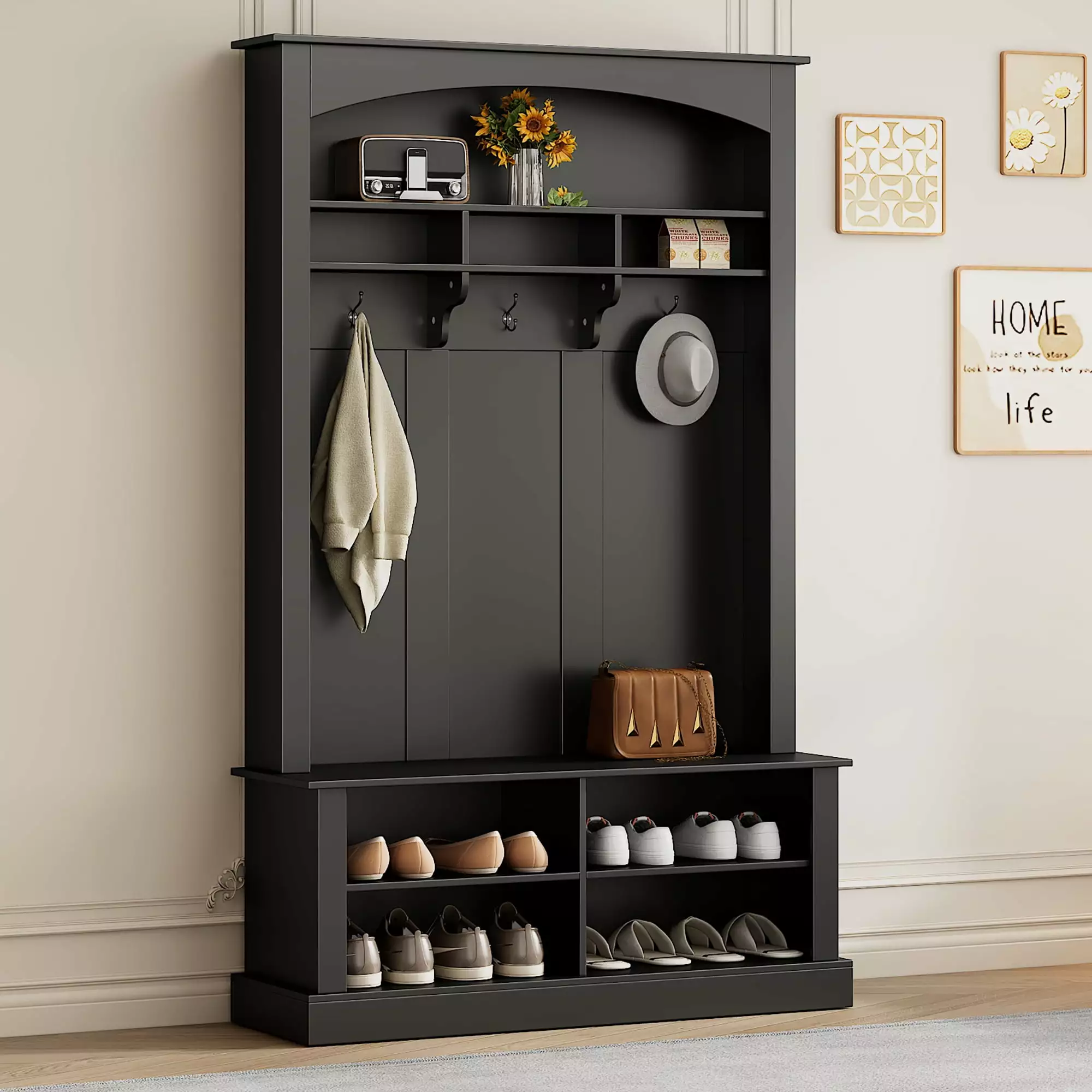 ON-TREND 47.2'' Wide Hall Tree Bench and Shoe Storage - Black Coat Rack Bench Benches Ghislaine