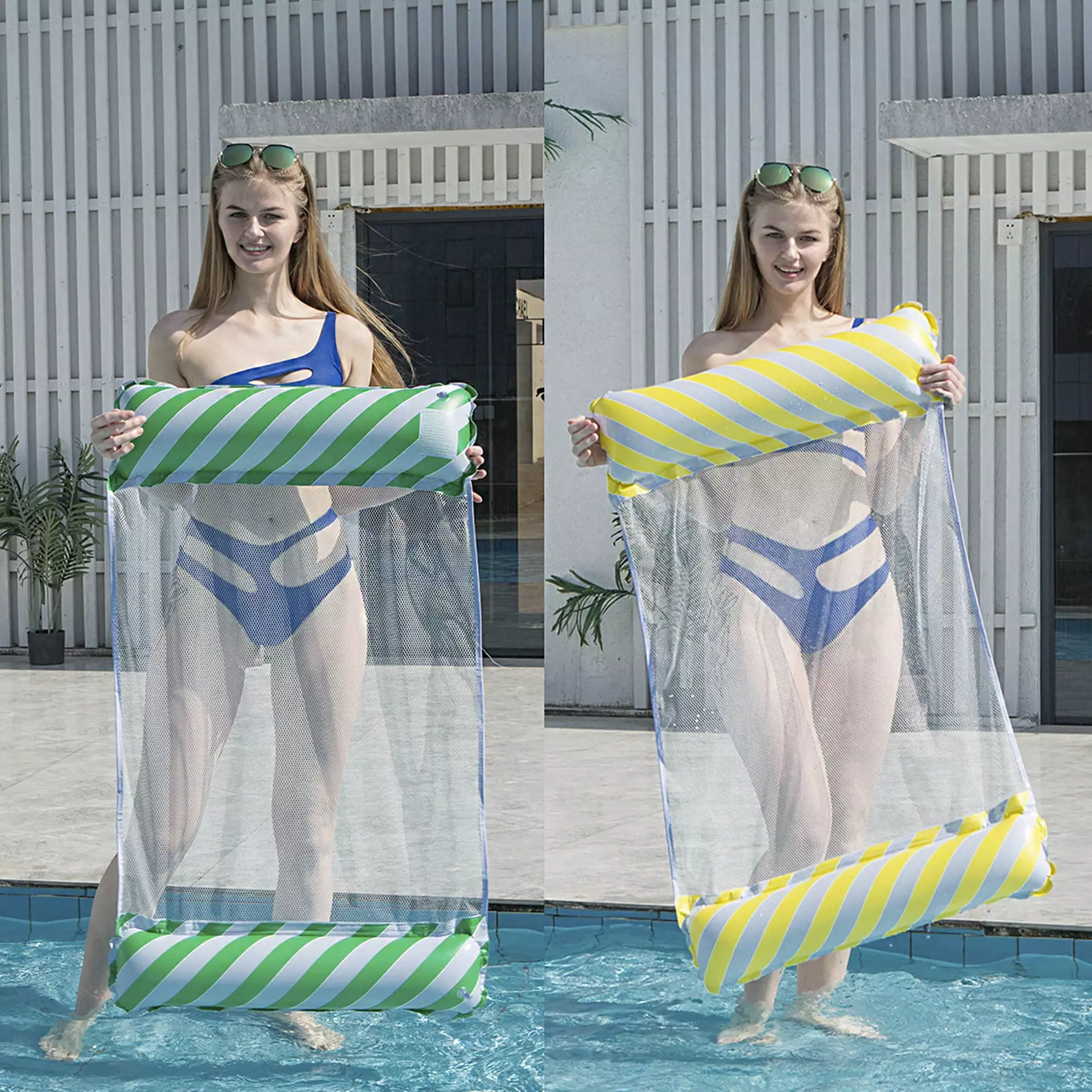 HUFTGOLD Inflatable Floating Row - Striped Pool Hammock Swimming - Green & Yellow - 2PCS