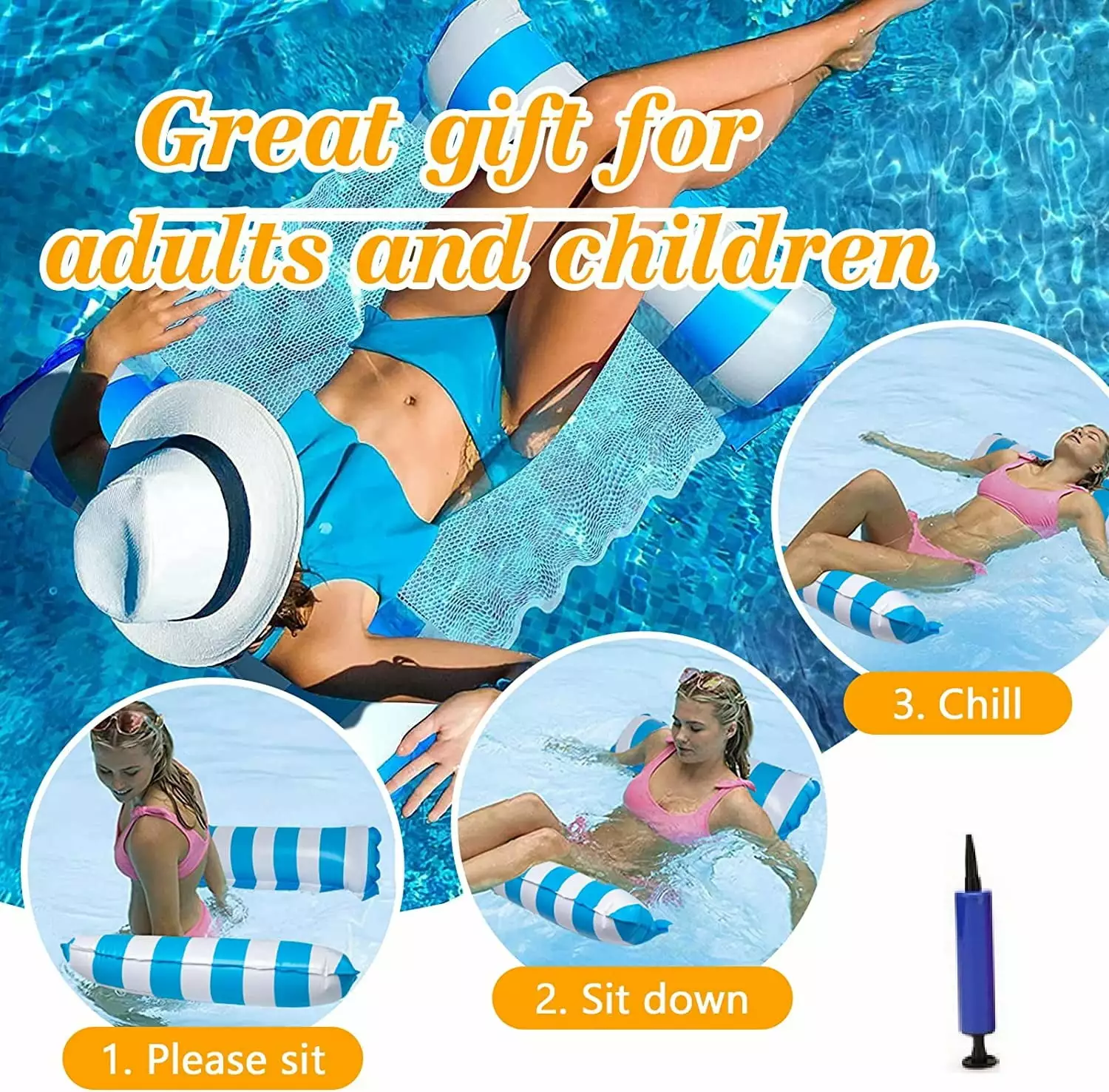 SUNYOK 4--1 Multi-Purpose Pool Float Water Hammock Lounger Air Pump Vacation