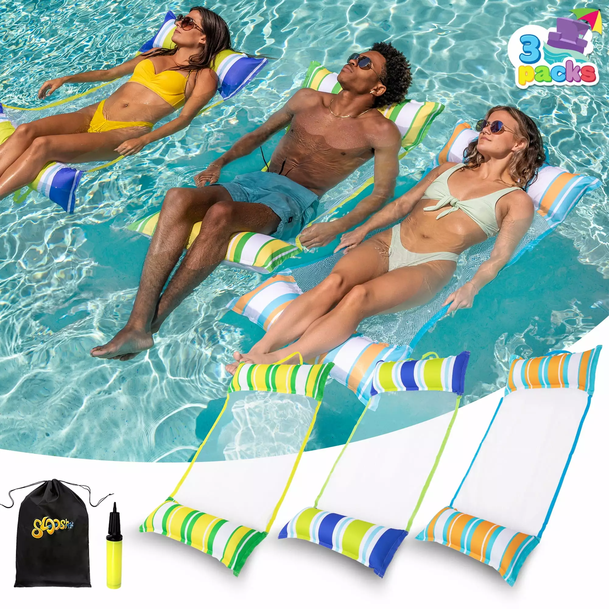 Syncfun 3 Packs Inflatable Pool Float Hammock Set Pool Lake and Beach