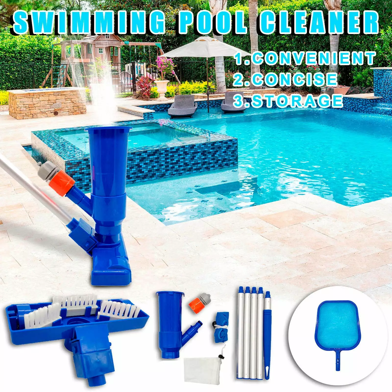 Fnochy Handheld Pool Vacuum Cleaner Brush and 5 Section Poles Above Ground Pools One