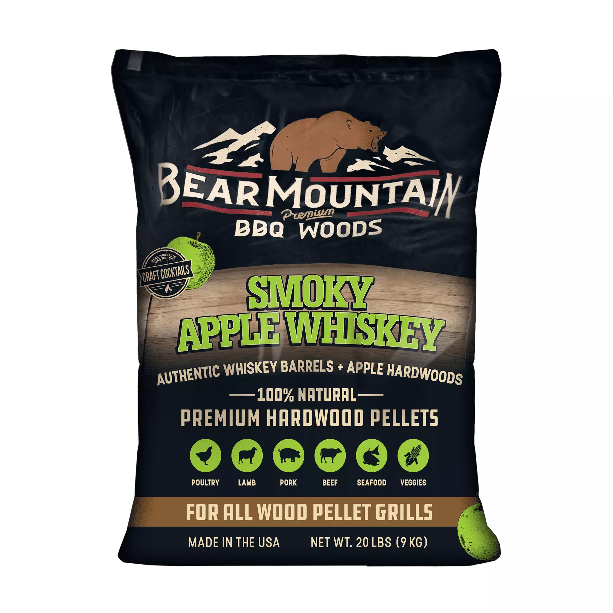 Bear Mountain Smoky Apple Whiskey BBQ Pellets 20 lbs All-Natural Hardwood