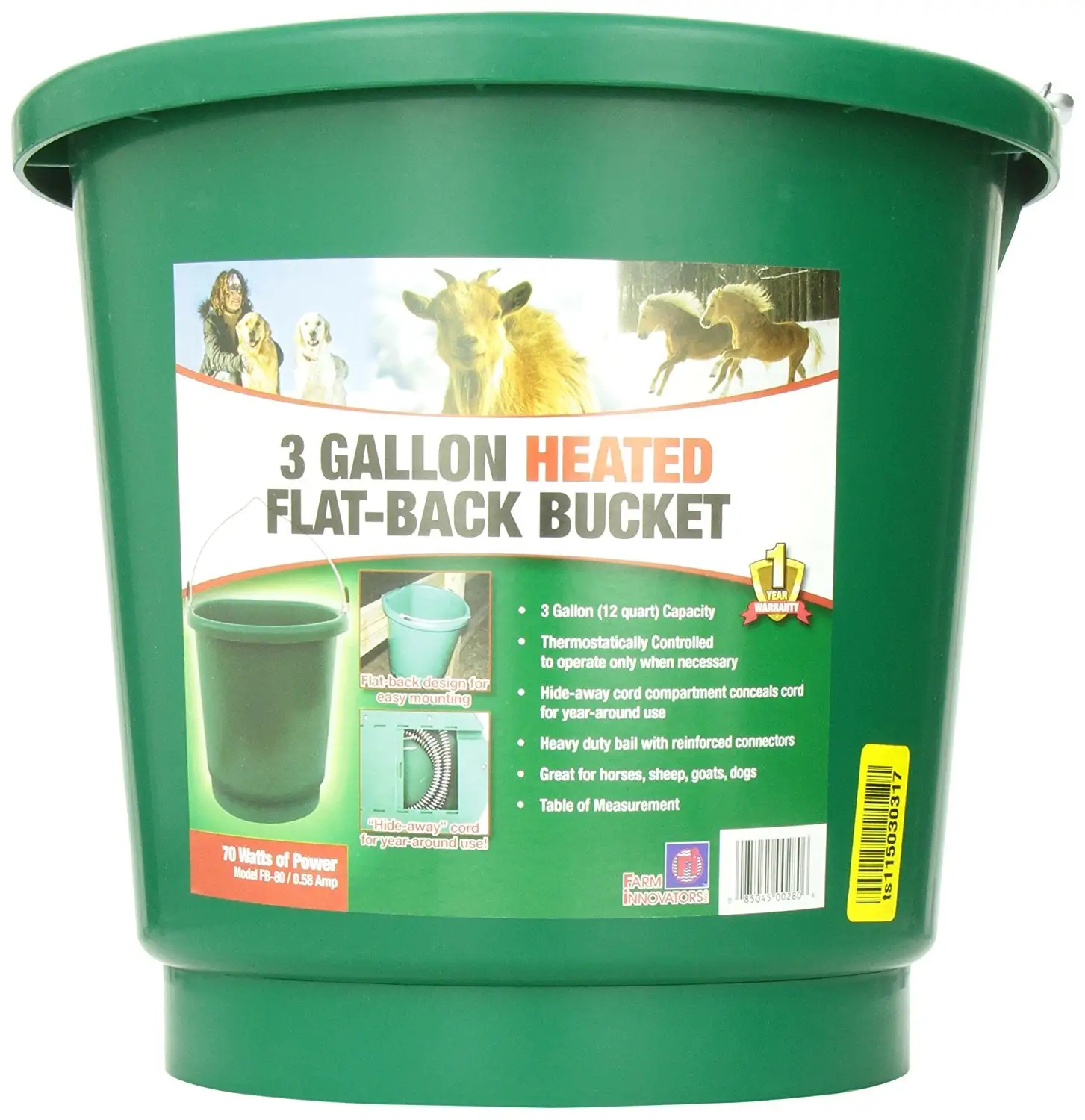 Farm Innovators FB-80 Plastic Flat-Back Heated Bucket 70-Watts 3-Gallon Poultry and Livestock