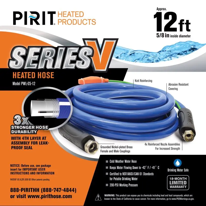Pirit Series V 5/8 Inch Medium Duty Heated Hose 12 Feet Long Winter Use