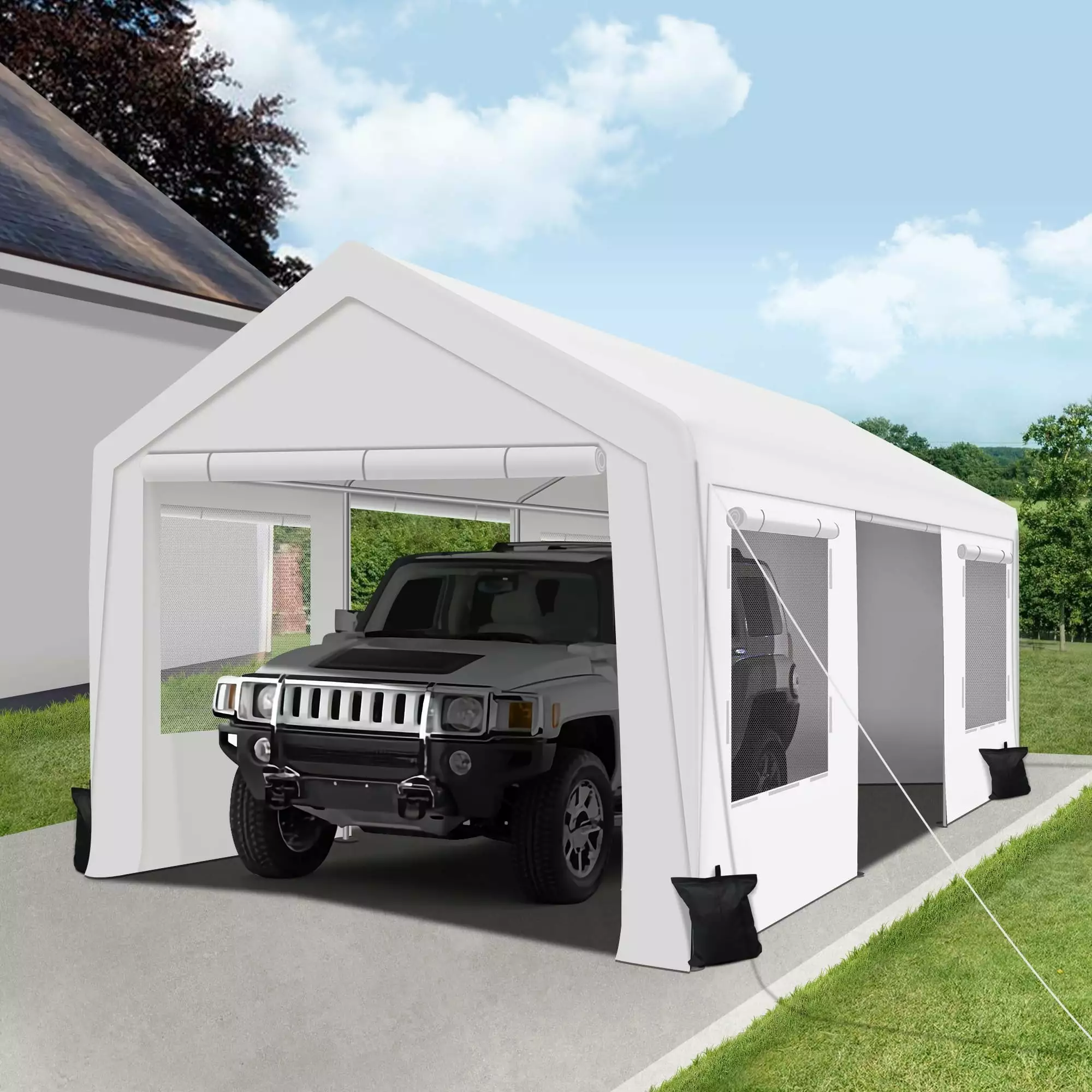 COVERONICS 10x20FT Extra Large Carport Roll-up Doors Heavy Duty Carport Ventilation Windows Portable Patio Garage Auto UTV...