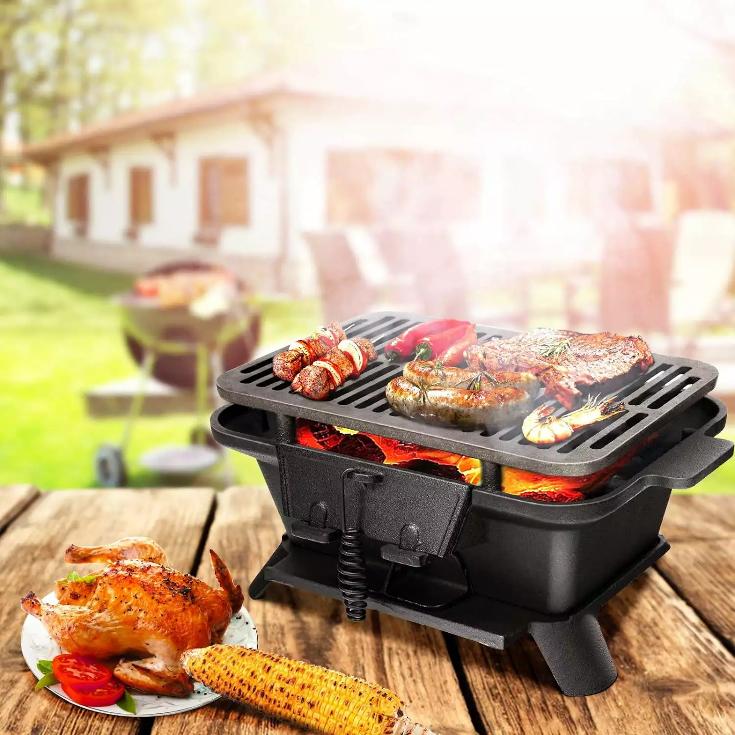 Hibachi Charcoal Grill Double-sided Grilling Net and Air Regulating Door Outdoor Cooking GZTJKL