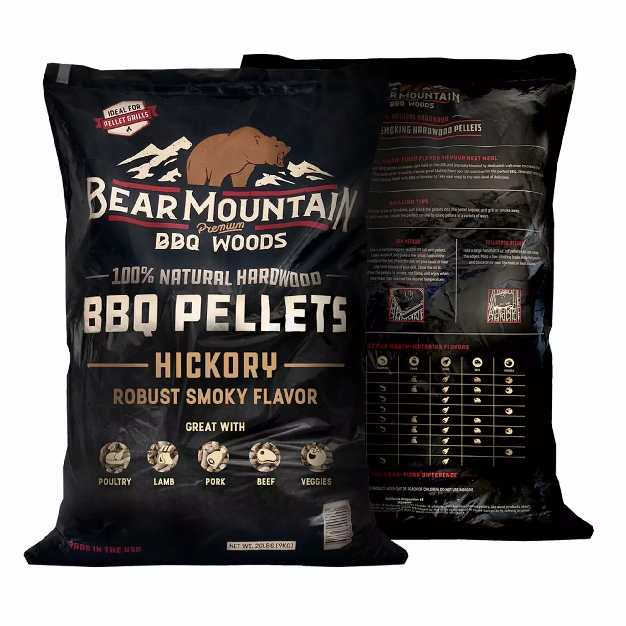 Bear Mountain All Natural Hickory BBQ Pellets Smoky Flavor 33 Pounds