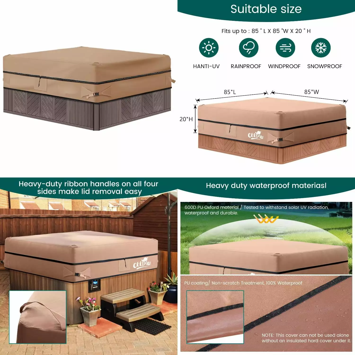 QNJAYN High Quality Hot Tub Cover Outdoor Weatherproof Protector 85x85x20 Square Heavy Duty 600D Oxford 85