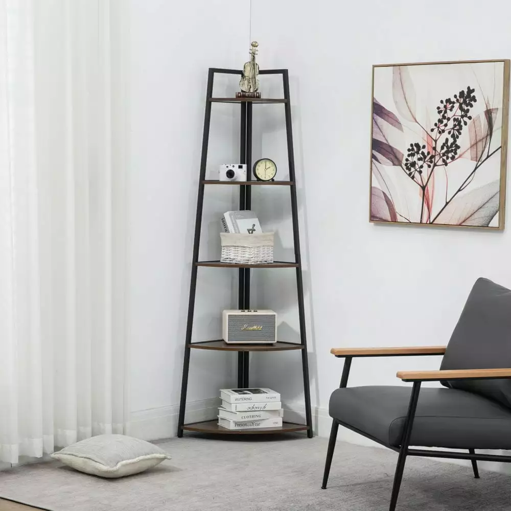 Hassch 70H Corner Ladder Bookcase Industrial 5-Tier Metal Frame Shelf Brown Black