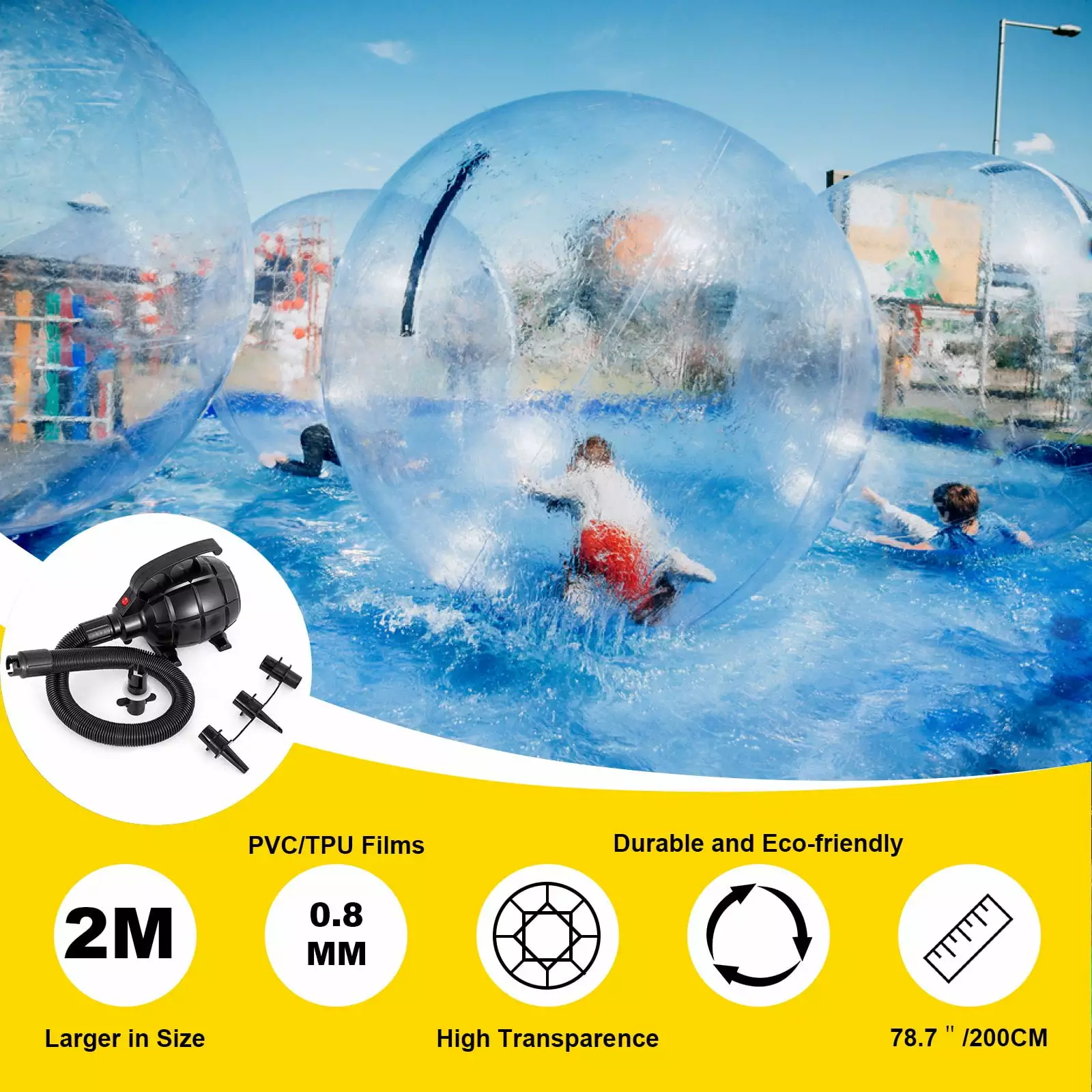 VEVOR 2M Walk on Water Walking Ball Roll Inflatable Zorb Ball German Zipper PVC 1