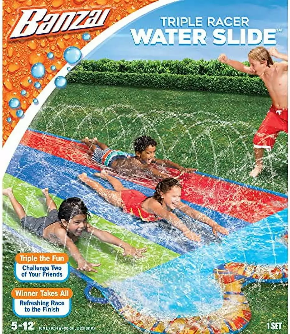 Banzai Kids Triple Racer Inflatable Water Slide 16 ft x 82 Outdoor Splash Toy Backyard Fun Triple