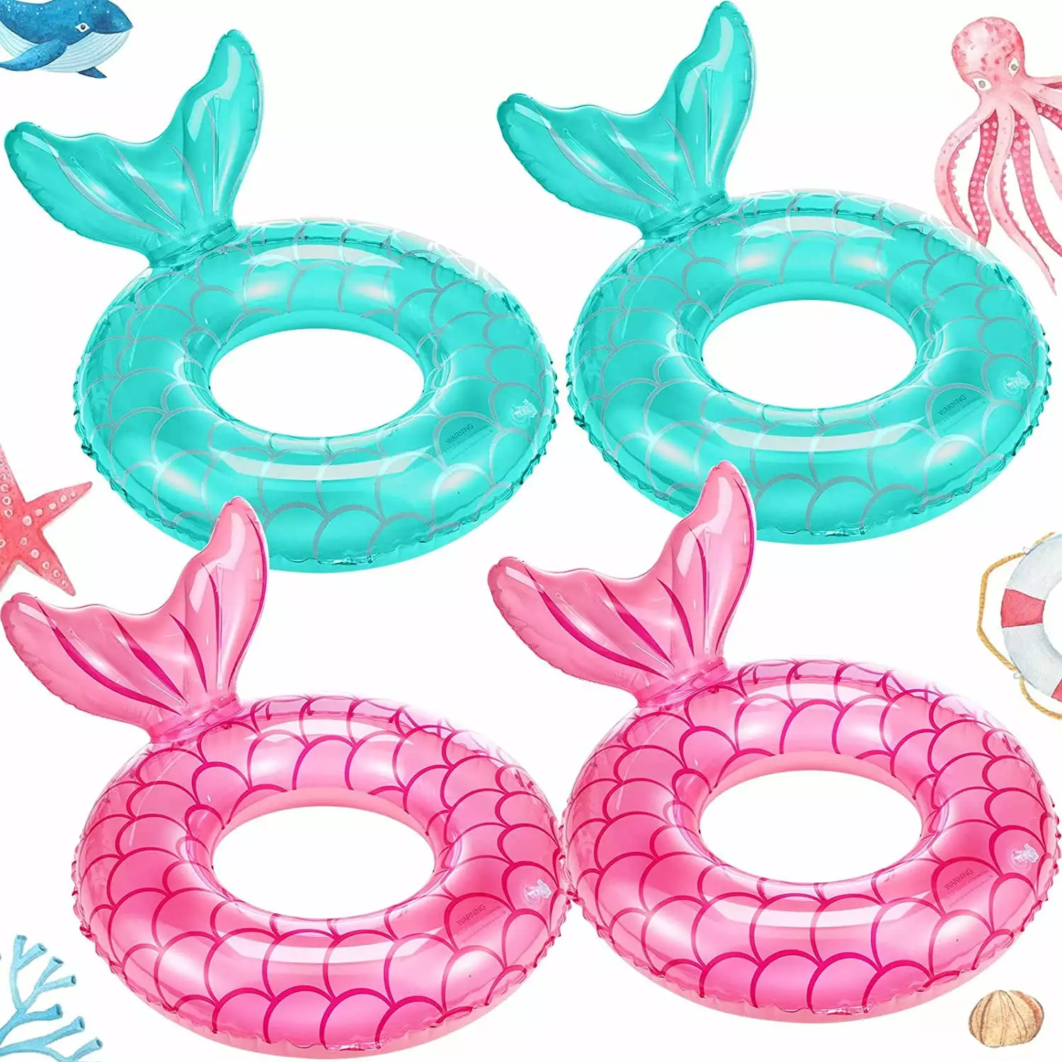 4 Pcs Inflatable Mermaid Pool Float Set Kids Beach Water Party L