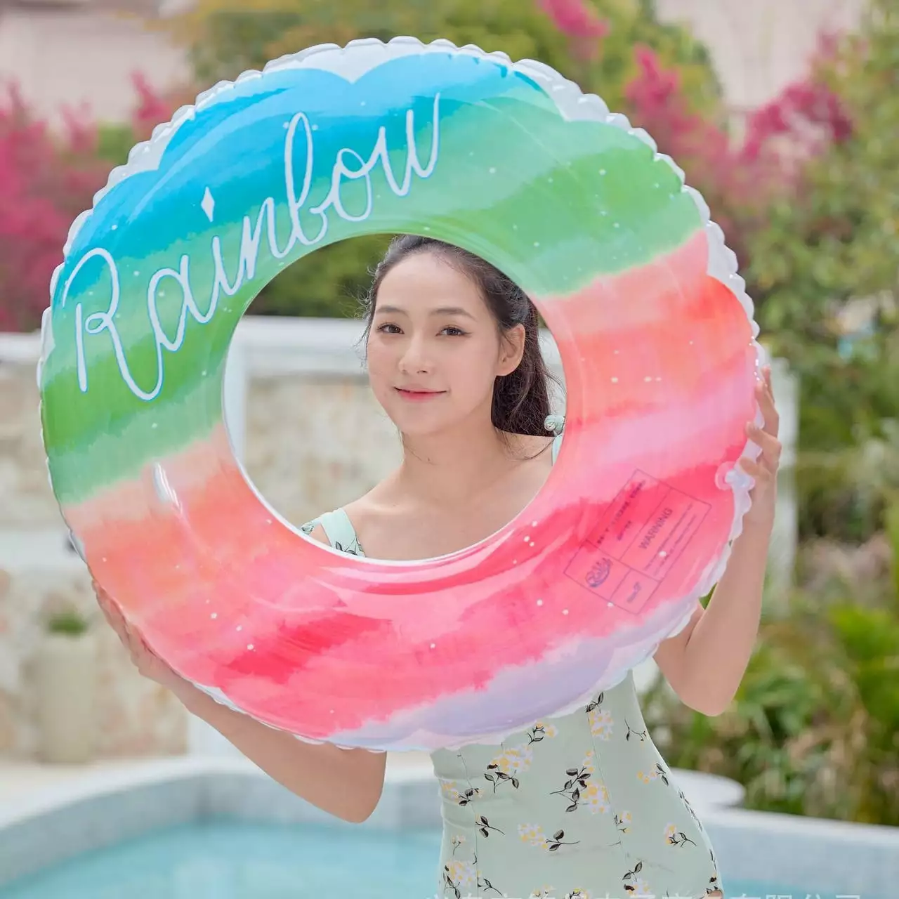 Rainbow Swimming Circle Inflatable PVC Rubber Ring Float Seat Beach Party Water Fun 100