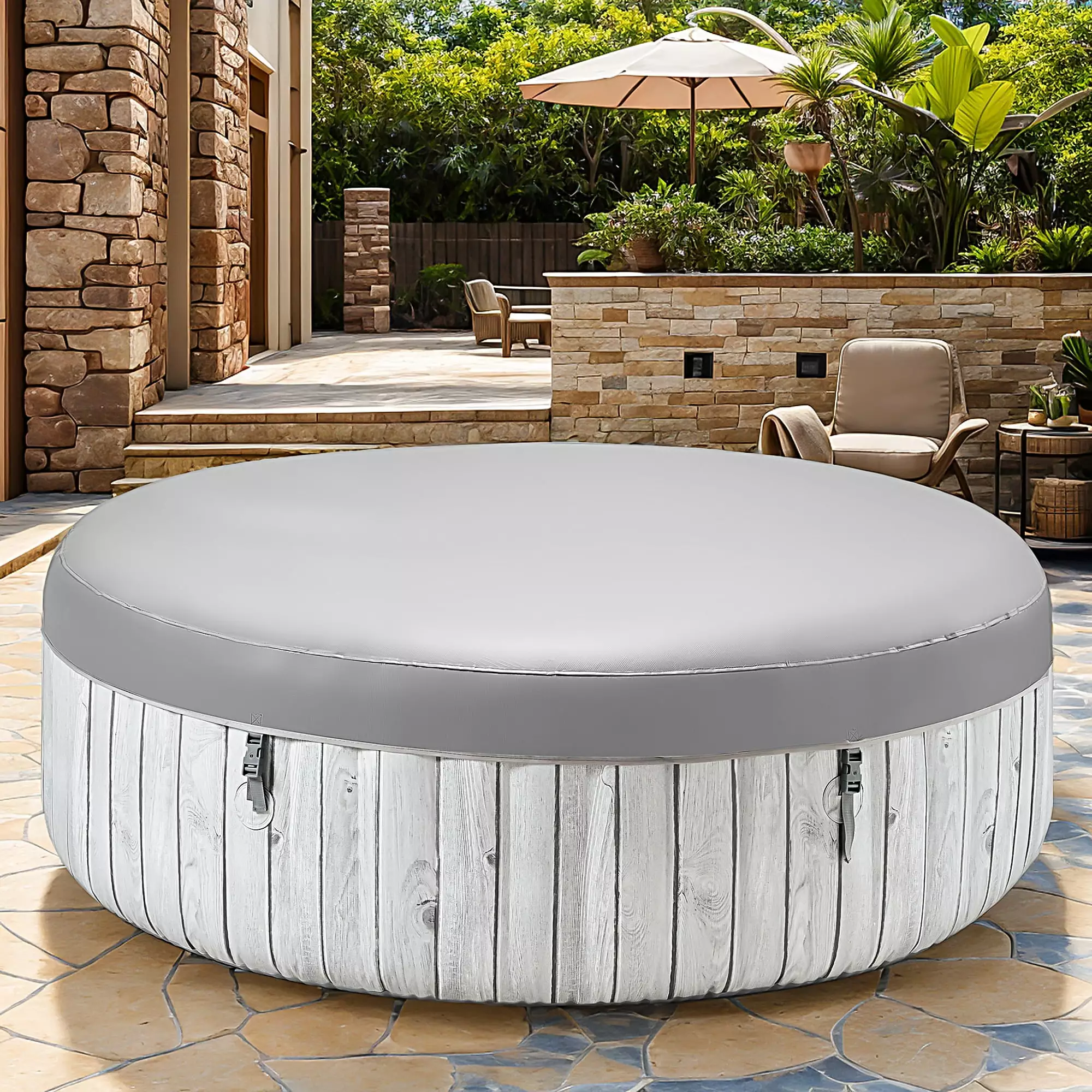 Shinpt 8Ft Round Inflatable Hot Tub Massage Jets Adults and Teens Wood Grain Pattern