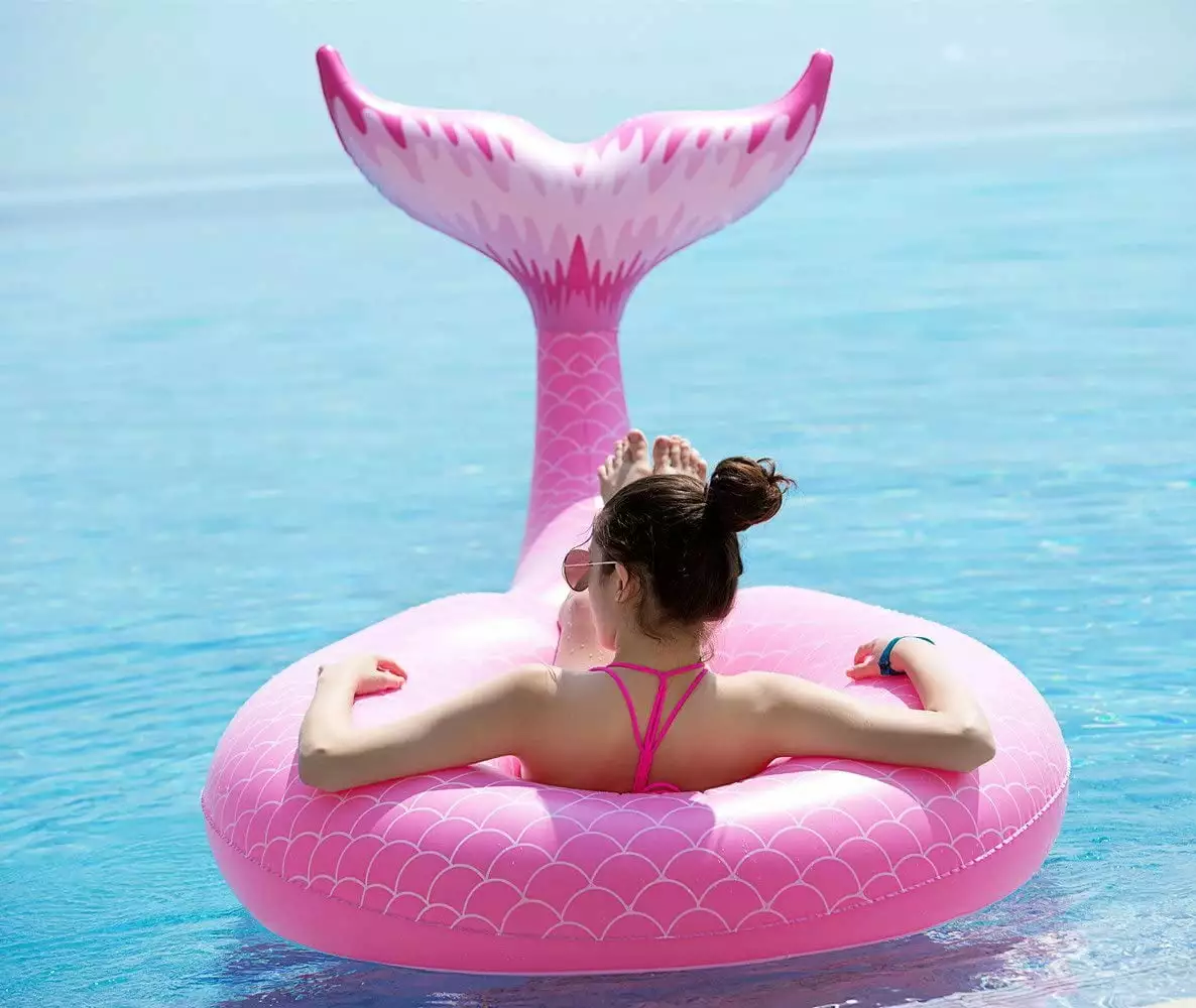 82.6Giant Inflatable Mermaid Tail Pool Float Fast Valves Summer Beach Swimming Pool Party Pink No