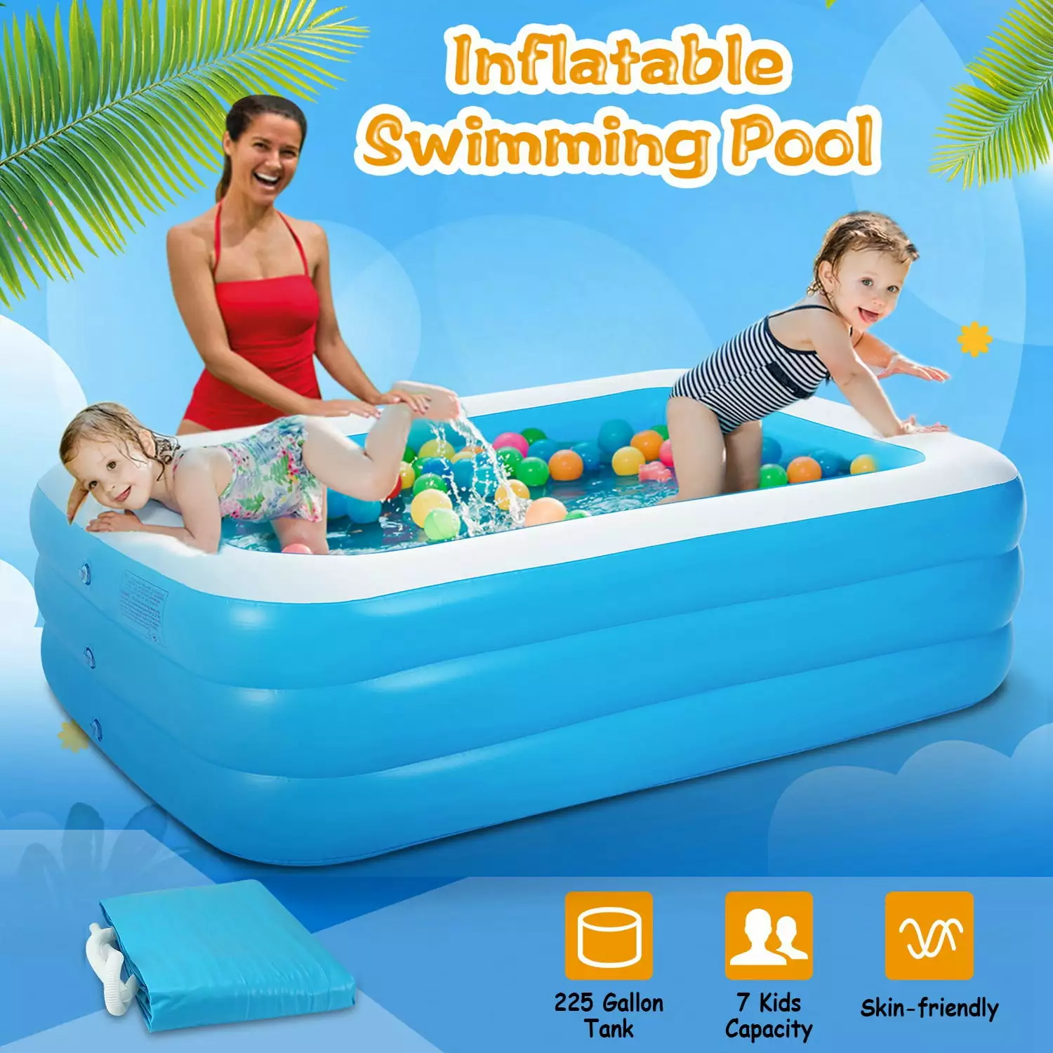 Zorpupoa 103x69x24in Inflatable Pool Outdoor Family Blow Up Swimming Pool Kids Adults Blue Size