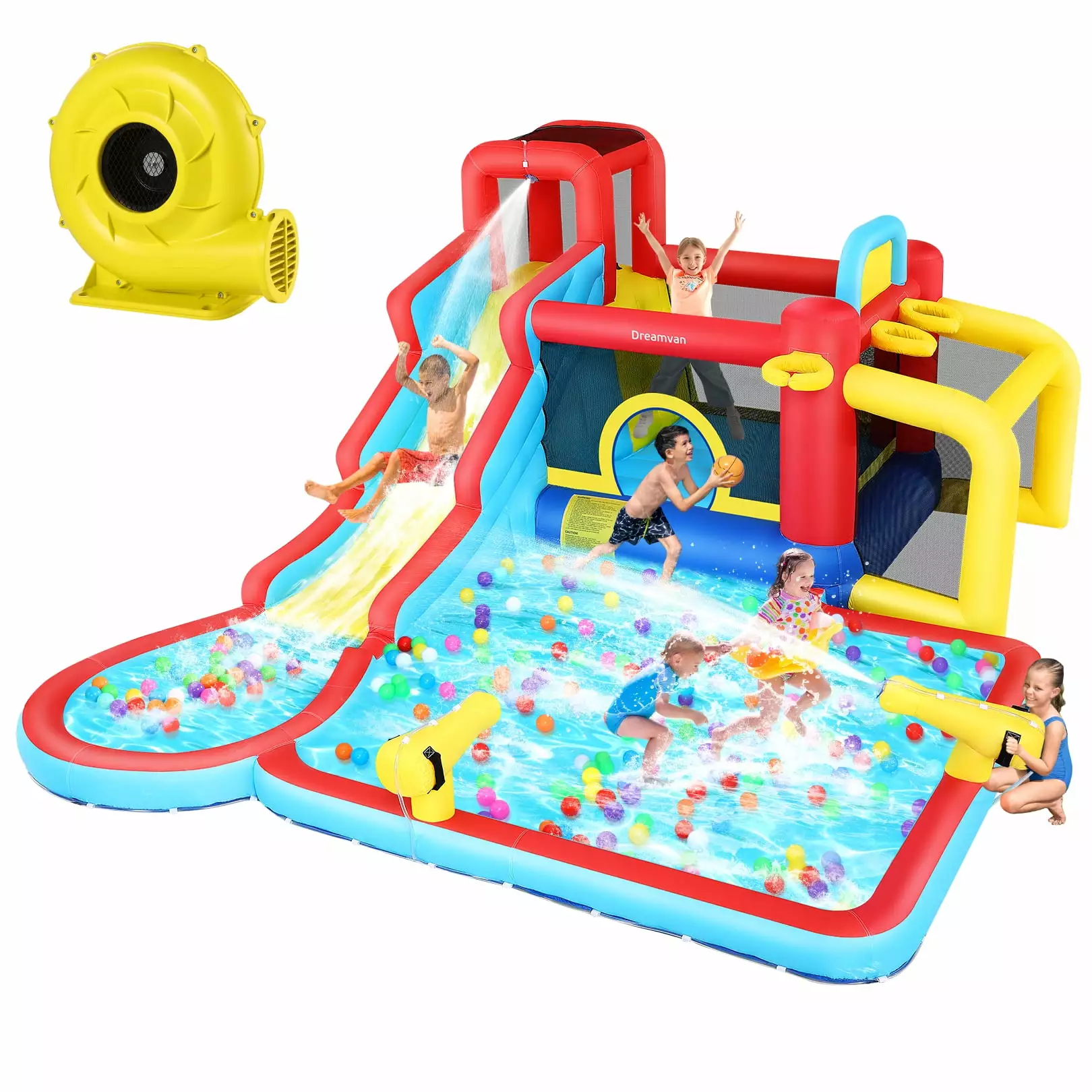 Veeboto Inflatable Water Slide 14.6x12.2FT Kids Water Bounce House 2 Splash Pools and Water Gun With