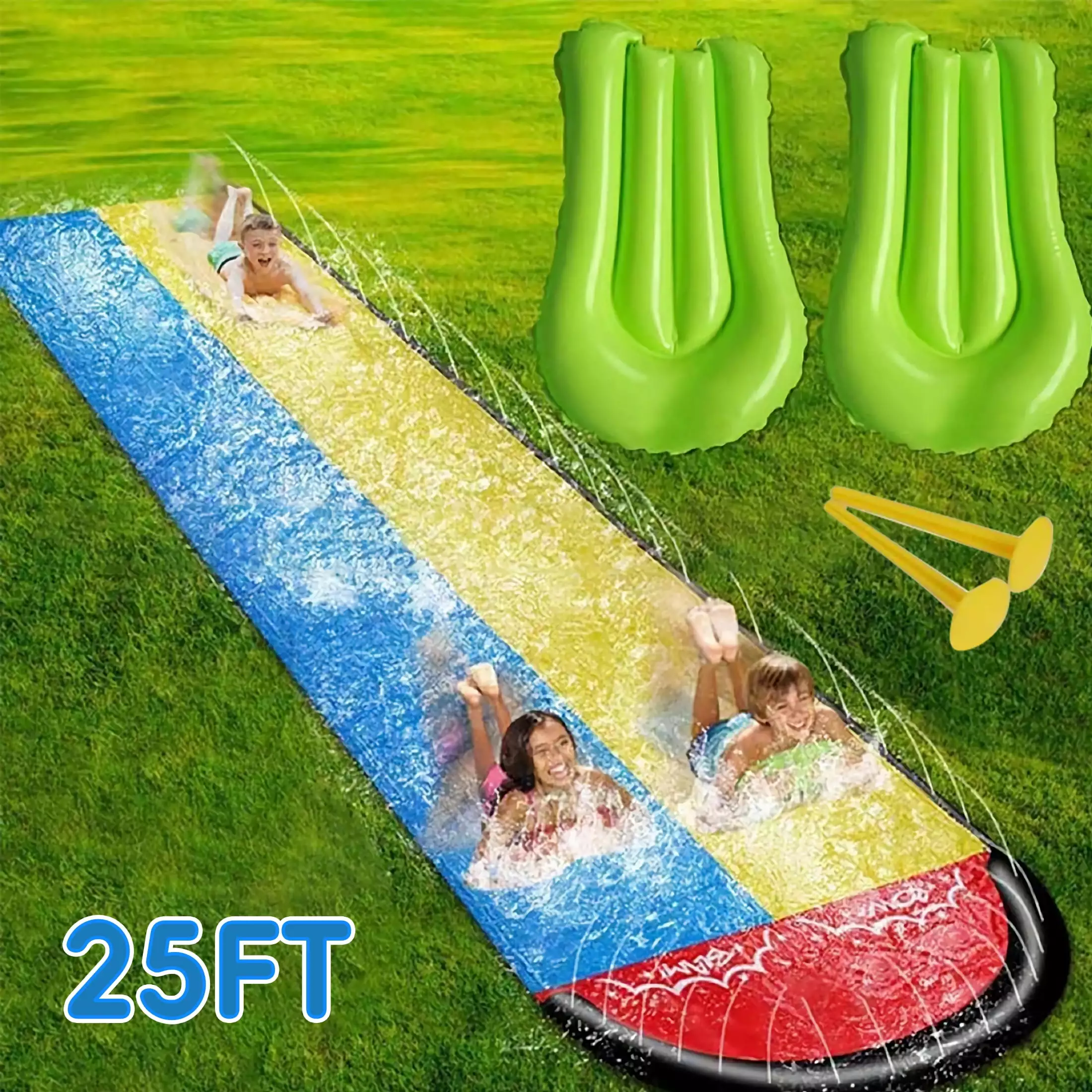 YoYfun 25ft x 4.6ft Double Water Slide Adult Kids Heavy Duty Lawn Water Slide Sprinkler and 2 Slip Inflatable Boards