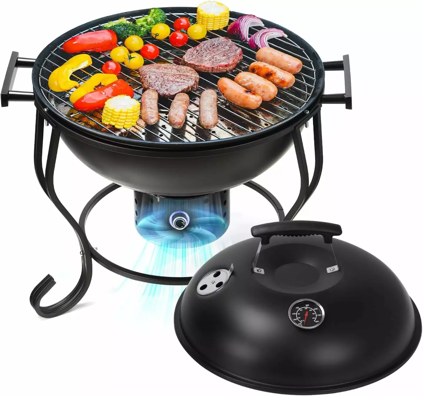 18 Inch Travel-friendly Charcoal Grill Adjustable Fan Outdoor BBQ Fire Pit Grill Easy to Light Charcoal/Wood Small Round K...