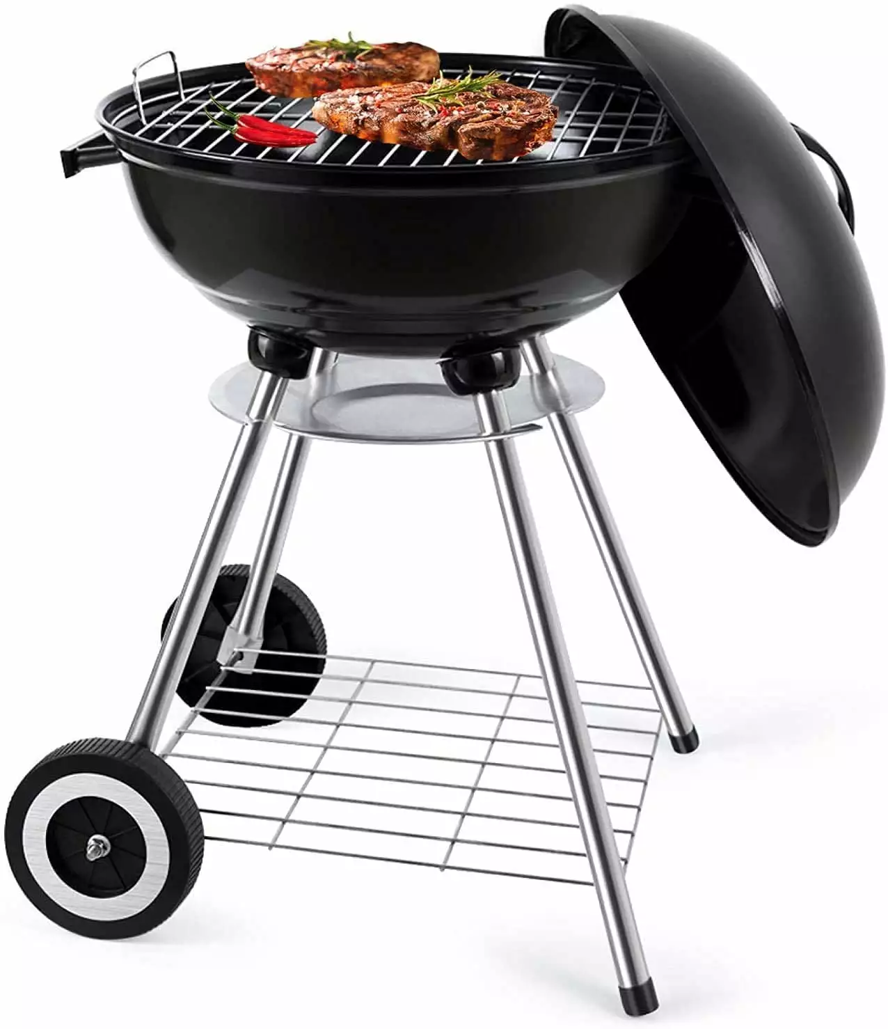 BBQ Kettle Charcoal Grill Outdoor Travel-Friendly Grill Backyard Cooking Stainless Steel Standing Grilling Steaks Burgers ...