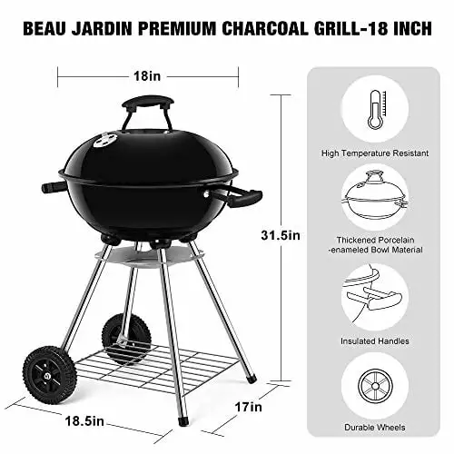 BEAU JARDIN Luxury 18 Inch Charcoal Grill Outdoor Cooking BBQ Camping Heavy Duty TaiYuanYeMeng