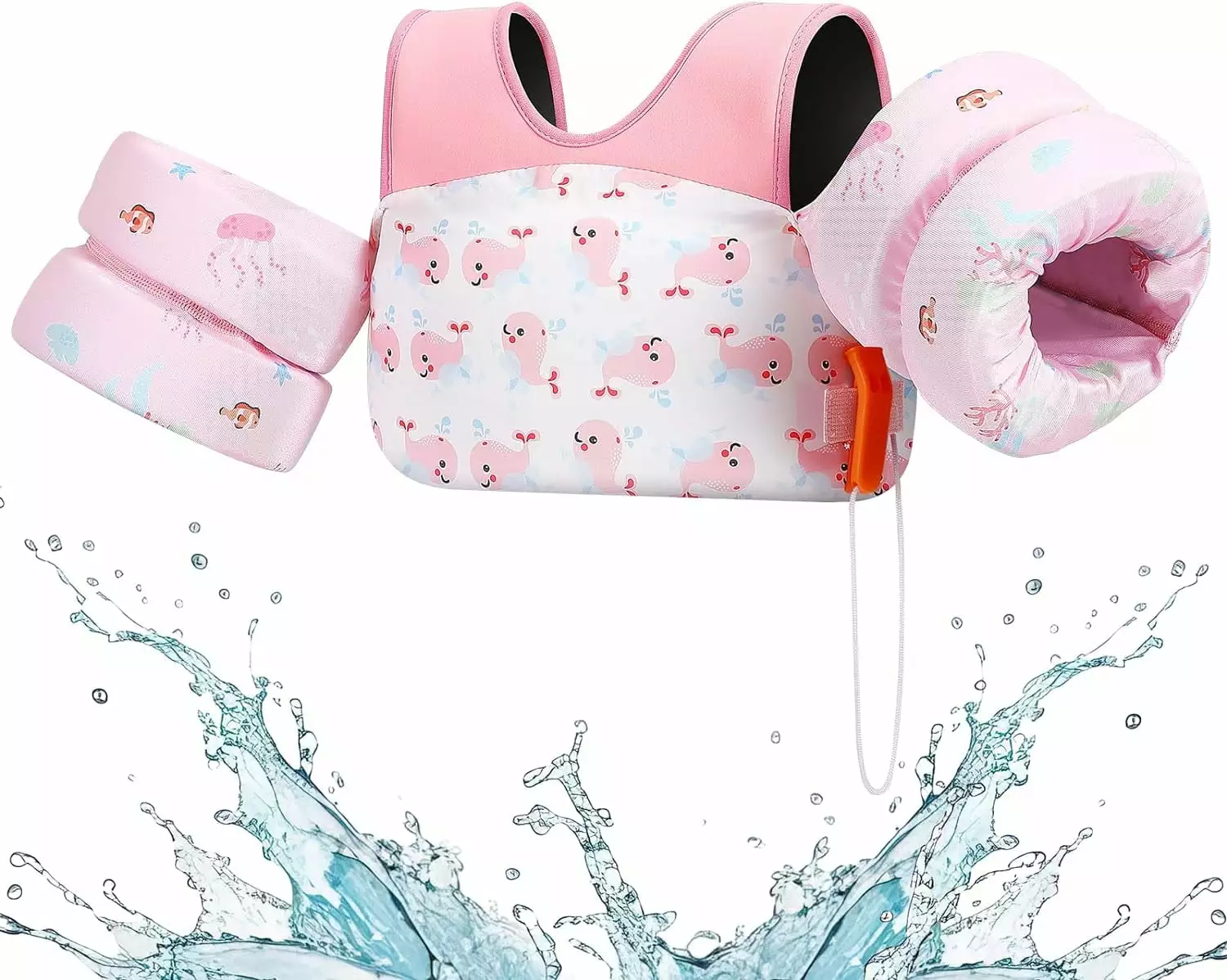Heysplash Swim Vest Kids Adjustable Strap Secure Buckle Water Wings Swim Arm Band 33-70 LBs Pink Whale