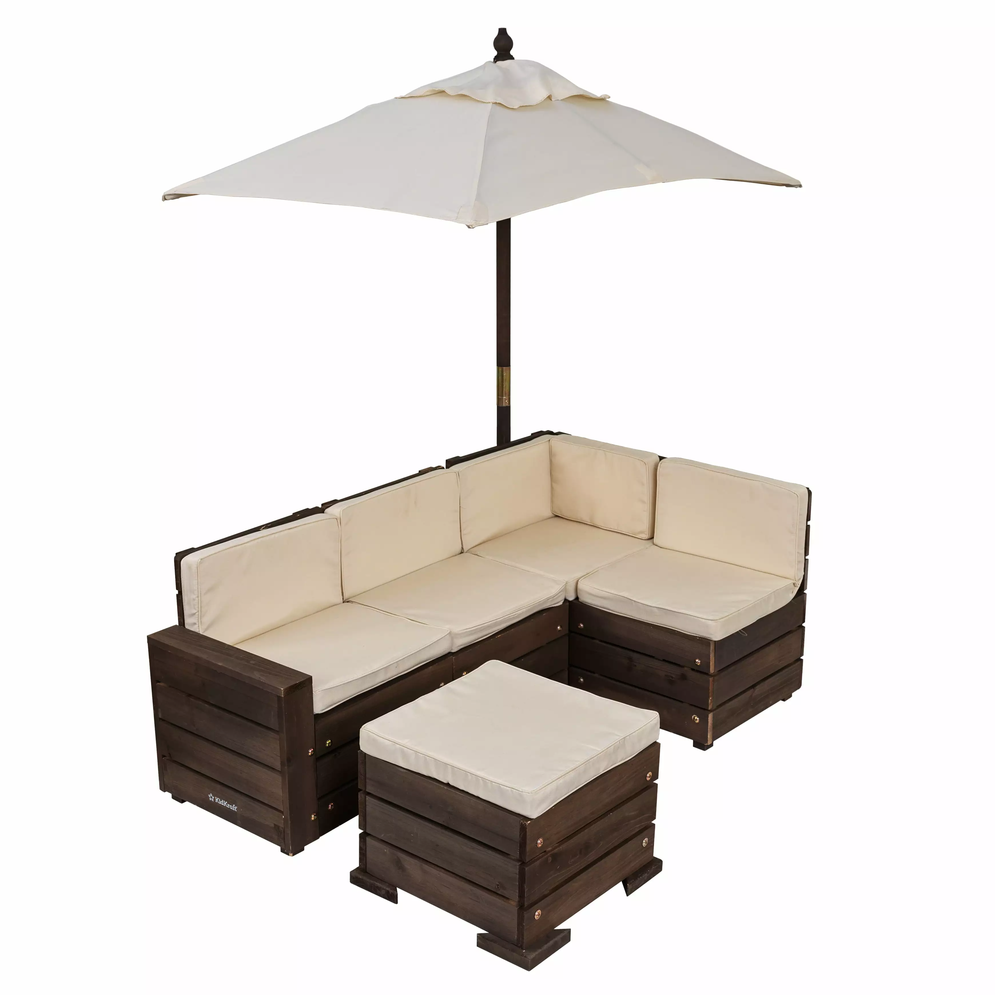 KidKraft Wooden Outdoor Sectional Ottoman & Umbrella Set Cushions Bear Brown & Beige Kids Patio Furniture
