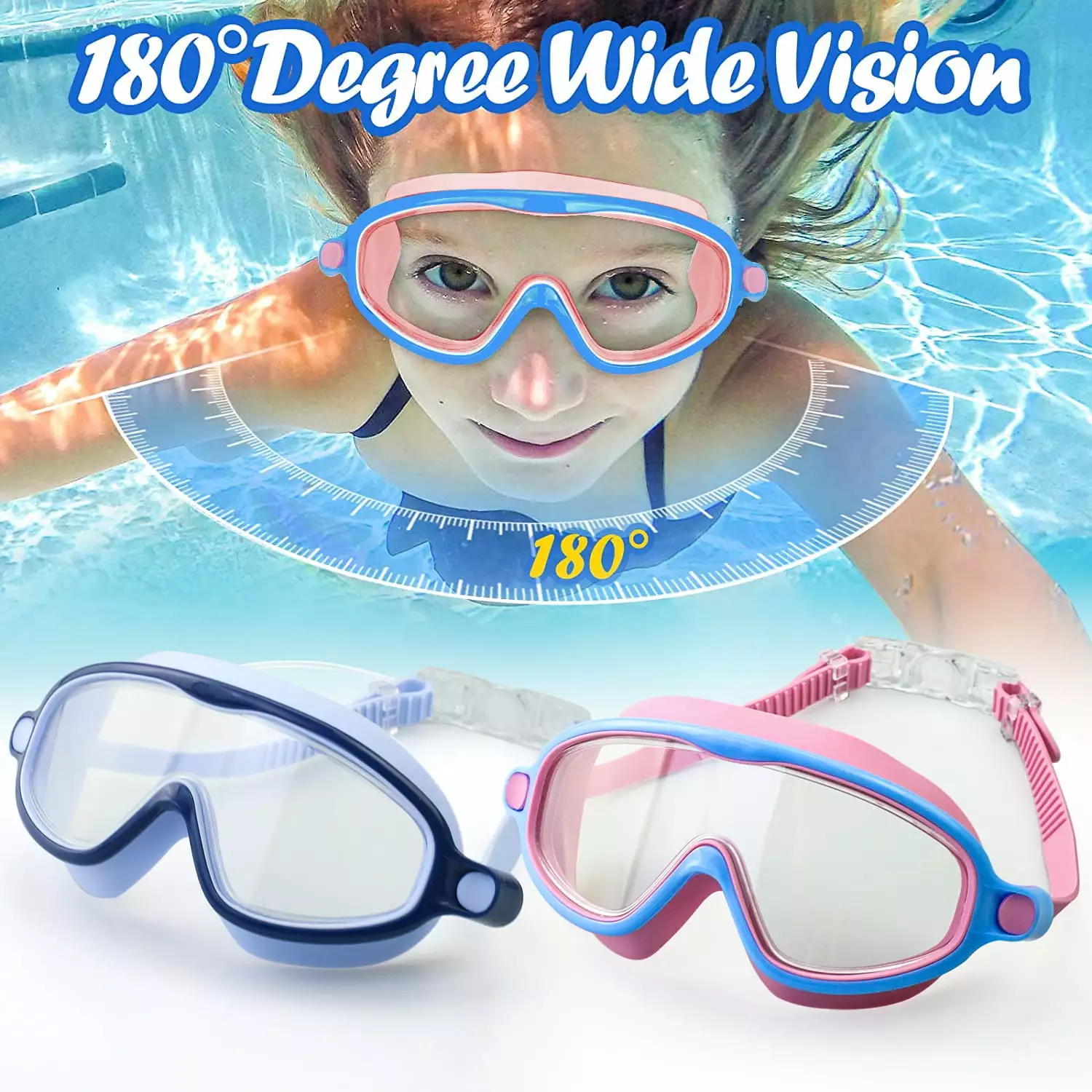 AABV Kids Swim Goggles Anti-Leak Anti-Fog Wide View Swimming Goggles Boys Girls Children 4-12 Years Pink