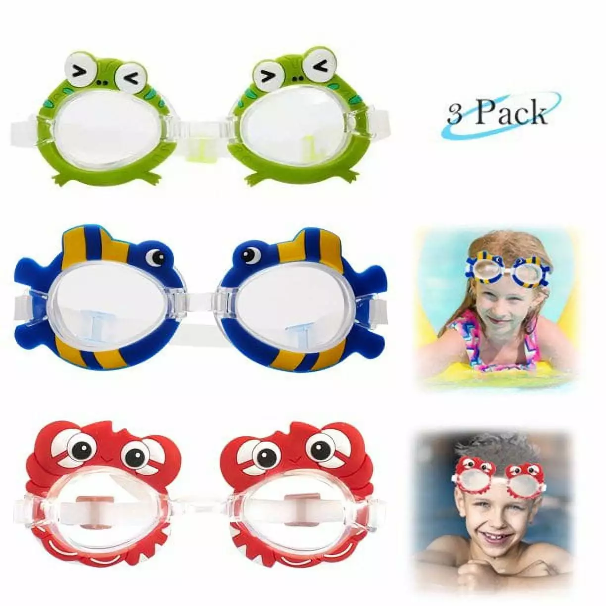 AABV 3 Pairs Kids Swim Goggles Anti Fog No Leaking Cartoon Sea Animal Youth Swim Glasses