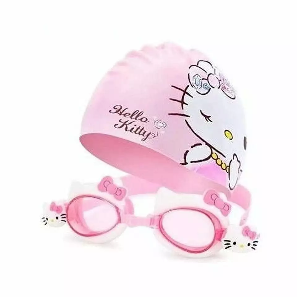 Sanrio Kawaii Hello Kitty Goggles Cute Waterproof Anti-Fog Baby Swim Eyewear Diving Goggles Cap Set