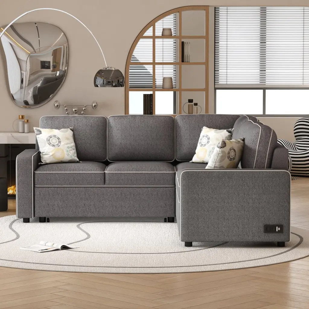 Brown Elegance 83 L-Shaped Pull Out Sofa Bed USB Ports Power Sockets and 3 Pillows HATNOKIL
